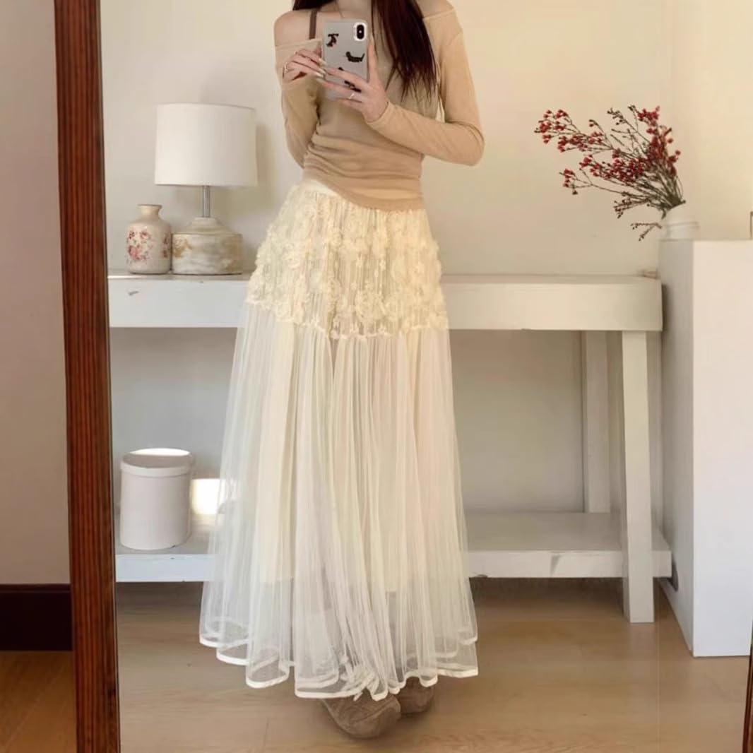 Women's Fairy Mesh Maxi Skirt Three-Dimensional Floral Renaissance Skirts Elastic A-Line High Waist Summer Long Skirt - Image 2