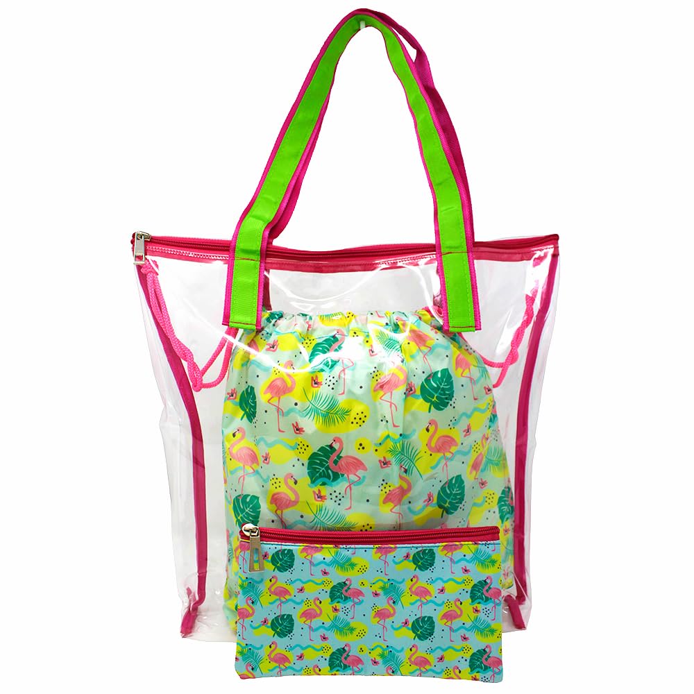 The Rosette Imprint 3-in-1 Tote/Swim Bag Set with Wet & Dry Drawstring Bag & Pouch (PVC) (Waterproof) (Flamingo Design)