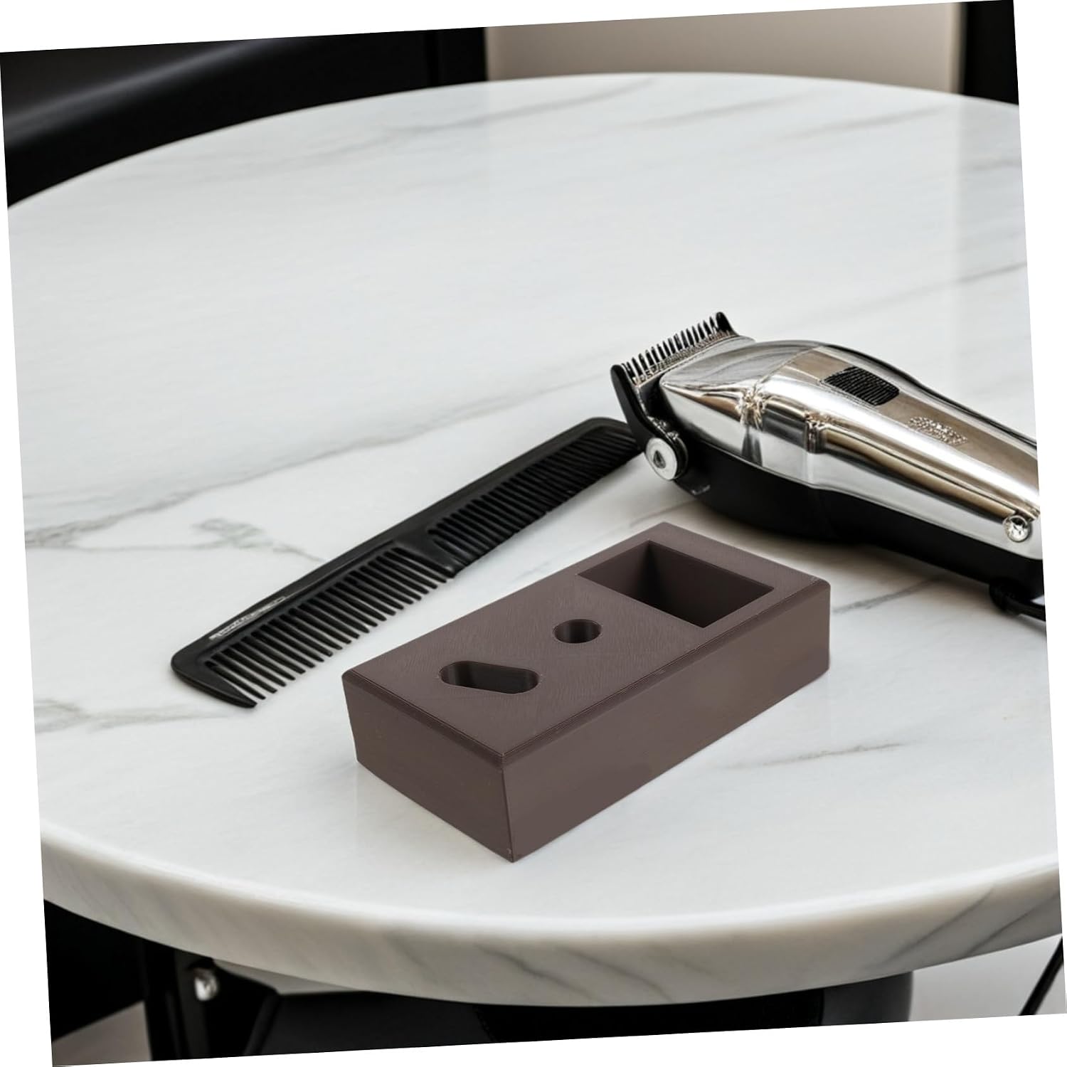 Veemoon Brown Flatshaped Clipper Blade Organizer Made of Pla with Integrated Used Blade Recycling and Designated Slots for Every Tool, for Home and Bathroom Countertops Hair Care Storage