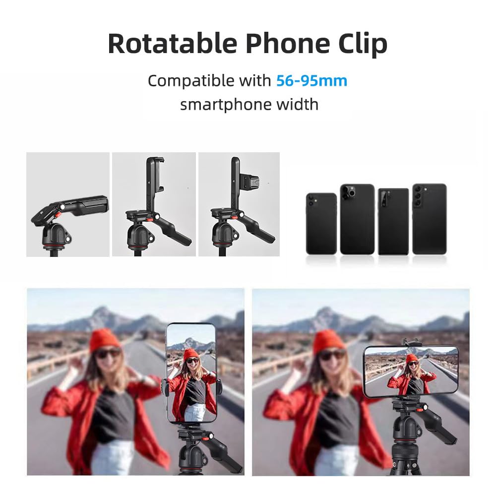 Andoer Treppiede macchina fotografica, treppiede per foto portatile da 141 cm in lega di alluminio girevole a 360° con maniglia Clip per telefono integrata per fotocamere DSLR Videocamere Smartphone