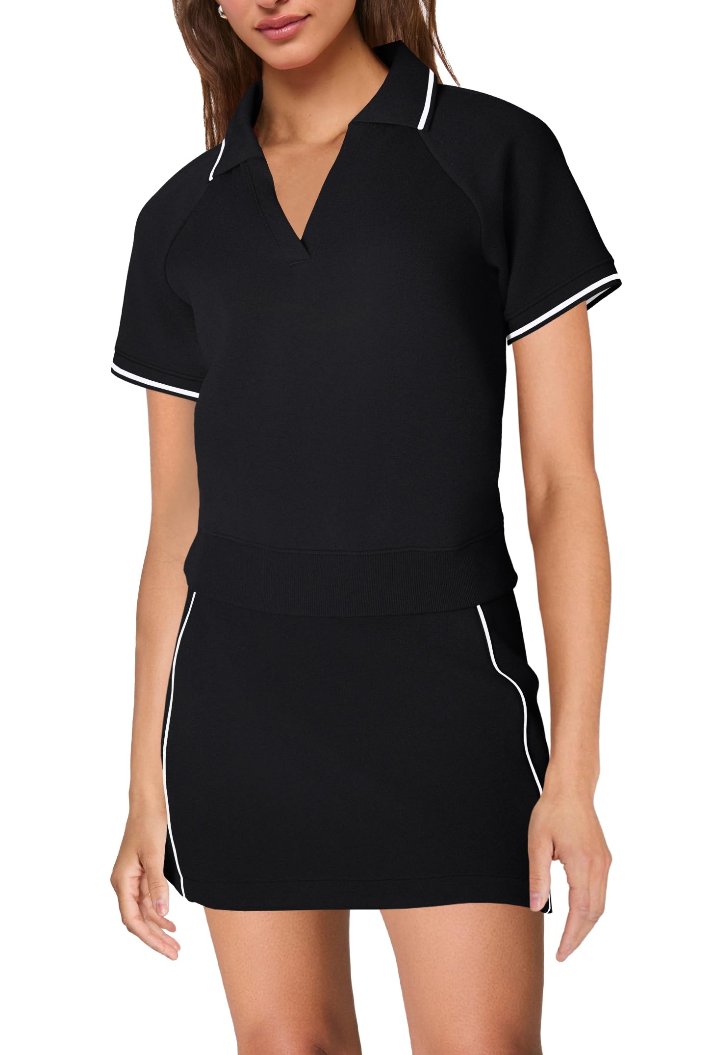 SENSERISE Womens Workout Sets 2 Piece Outfits V Neck Short Sleeve Polo Shirt and Tennis Skort Set with Pockets