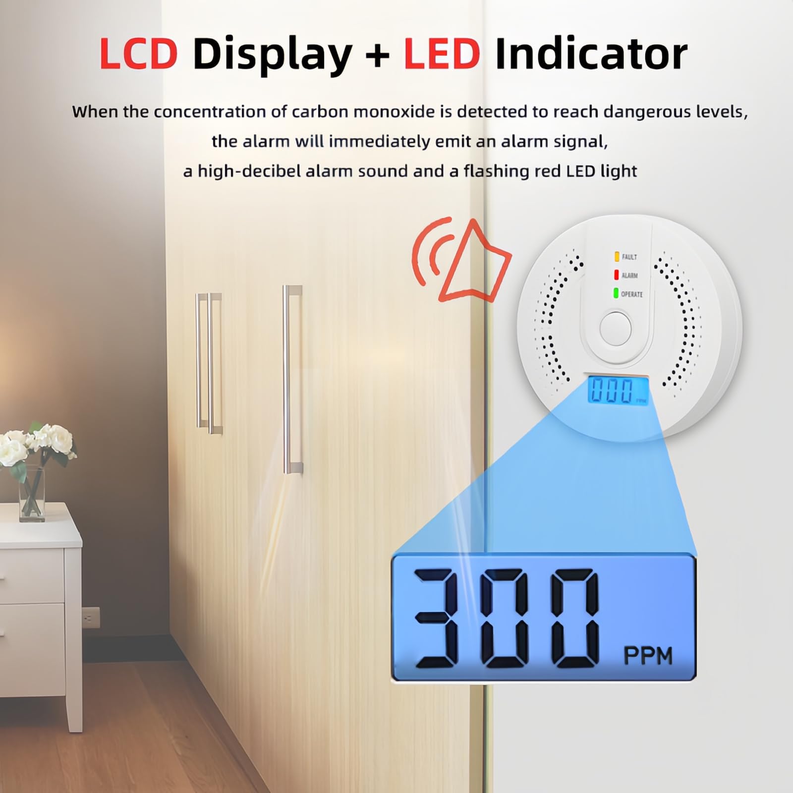 Detector MonóXido Carbono con Indicadores Led Luminosos y Audibles SeñAl de BateríA Baja Pantalla Digital BotóN Prueba para Viajes y Seguridad En El Hogar PortáTil