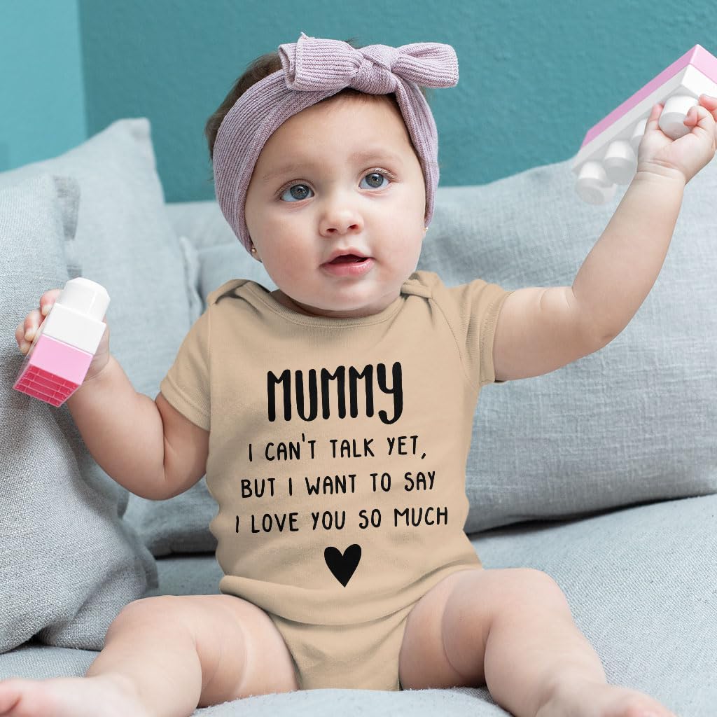 Mummy I Can't Talk Yet Baby Onesie - Mother's Day Gift - New Mom Gift - Heather Dust, 12-18 Months