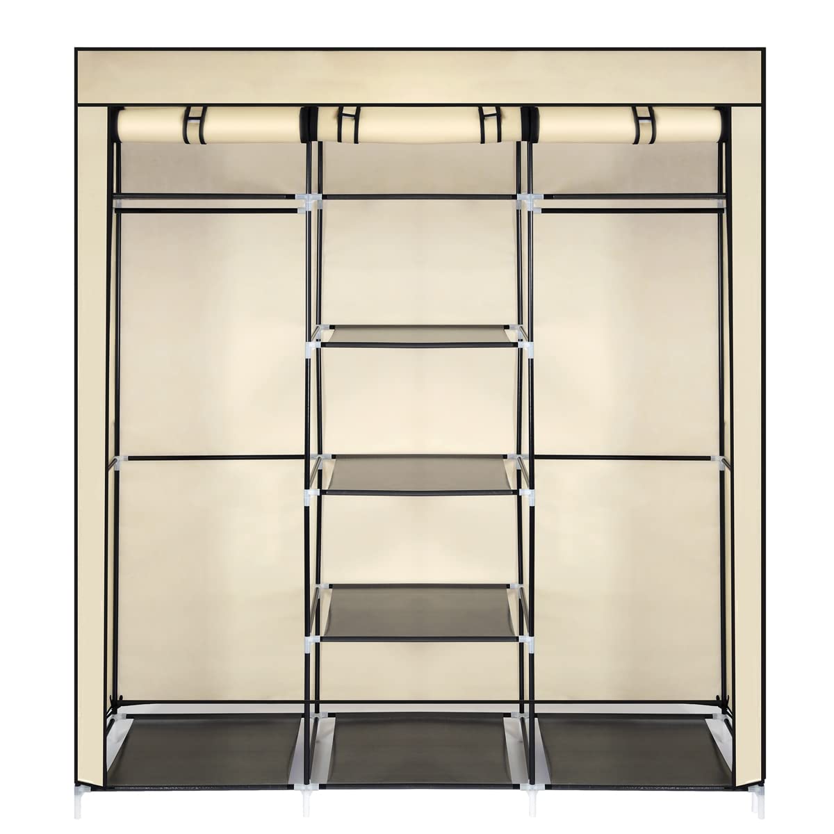 T-LOVENDO.ES Armario de Tela ropero estantería con Cremallera Plegable Modular portátil Grande 175 x 150 x 45 cm. Tubos de Acero para Perchas. Varios estantes Robusto y Estable. Beige