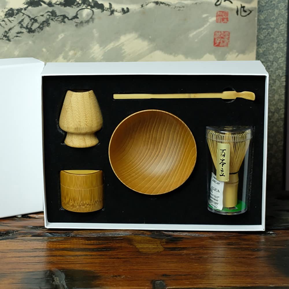 Juego de té matcha japonés de 5 piezas, batidor/cuenco/soporte/cuchara de bambú/latas de matcha de bambú para ceremonia tradicional de té japonesa