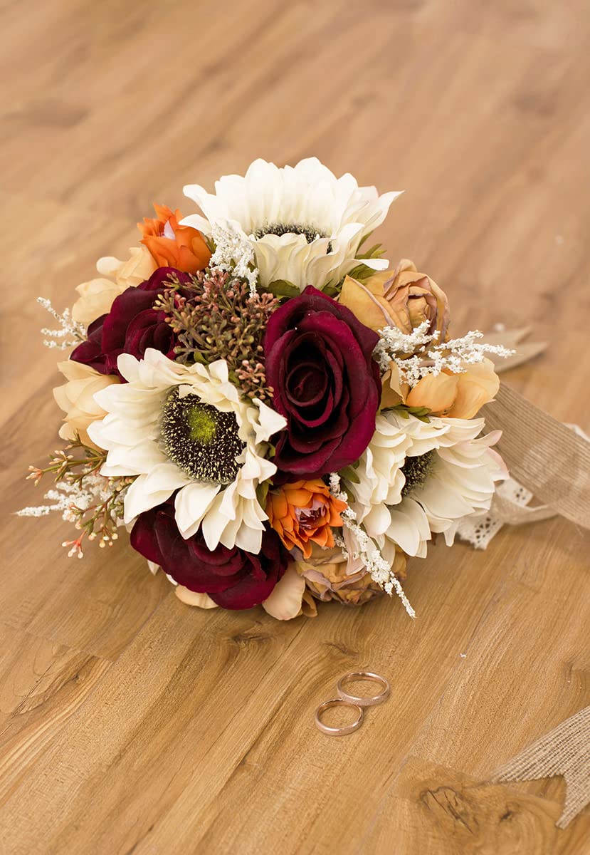 Ansofi Vintage Hochzeitsstrauß Braut Brautsträuße Gebrannter Orange Brautjungfernstrauß Künstliche Sonnenblume Rose Blumen für Zeremonie Party Kirche