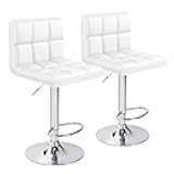 Furniwell Bar Stools Modern Pu Leather Swivel Adjustable Barstools Armless Counter Height Swivel Bar Stool Synthetic Leather Height Square Barstool with Set of 2 (White)