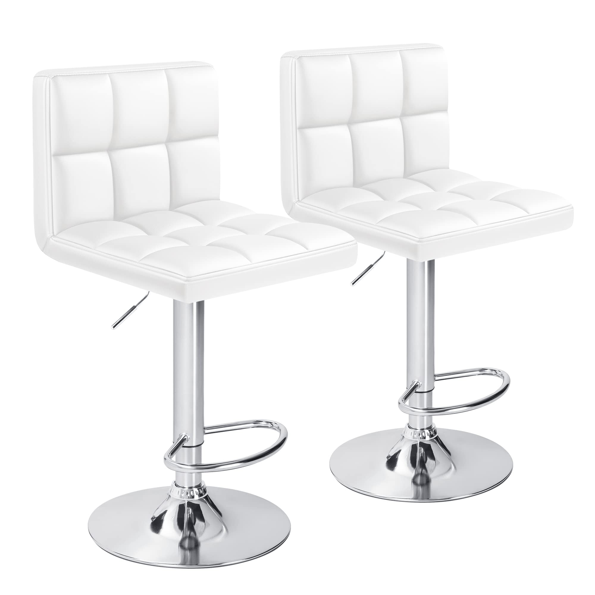 Furniwell Bar Stools Modern Pu Leather Swivel Adjustable Barstools Armless Counter Height Swivel Bar Stool Synthetic Leather Height Square Barstool with Set of 2 (White)
