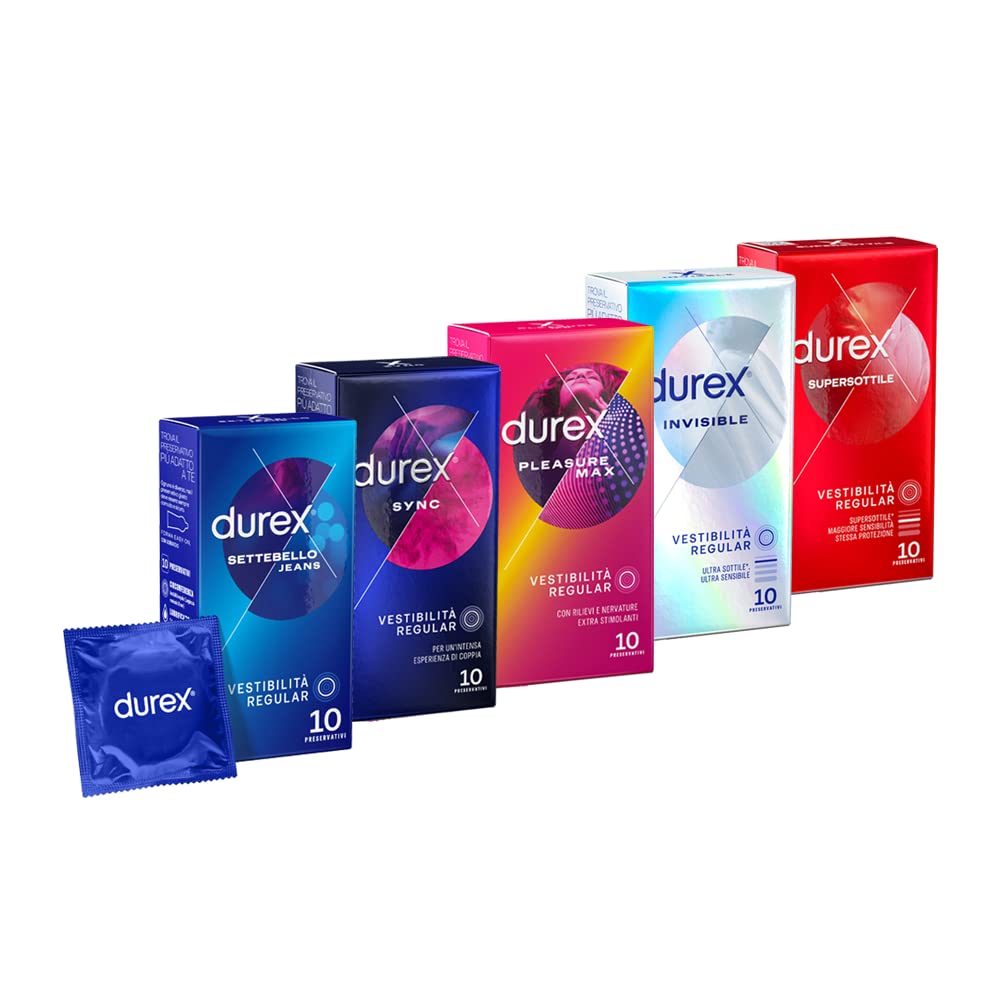 Durex Combo Mix Preservativi Settebello Jeans 10 + Pleasuremax con nervature 10 + Supersottile Regular Fit 10 + Invisible 10 +Sync 10