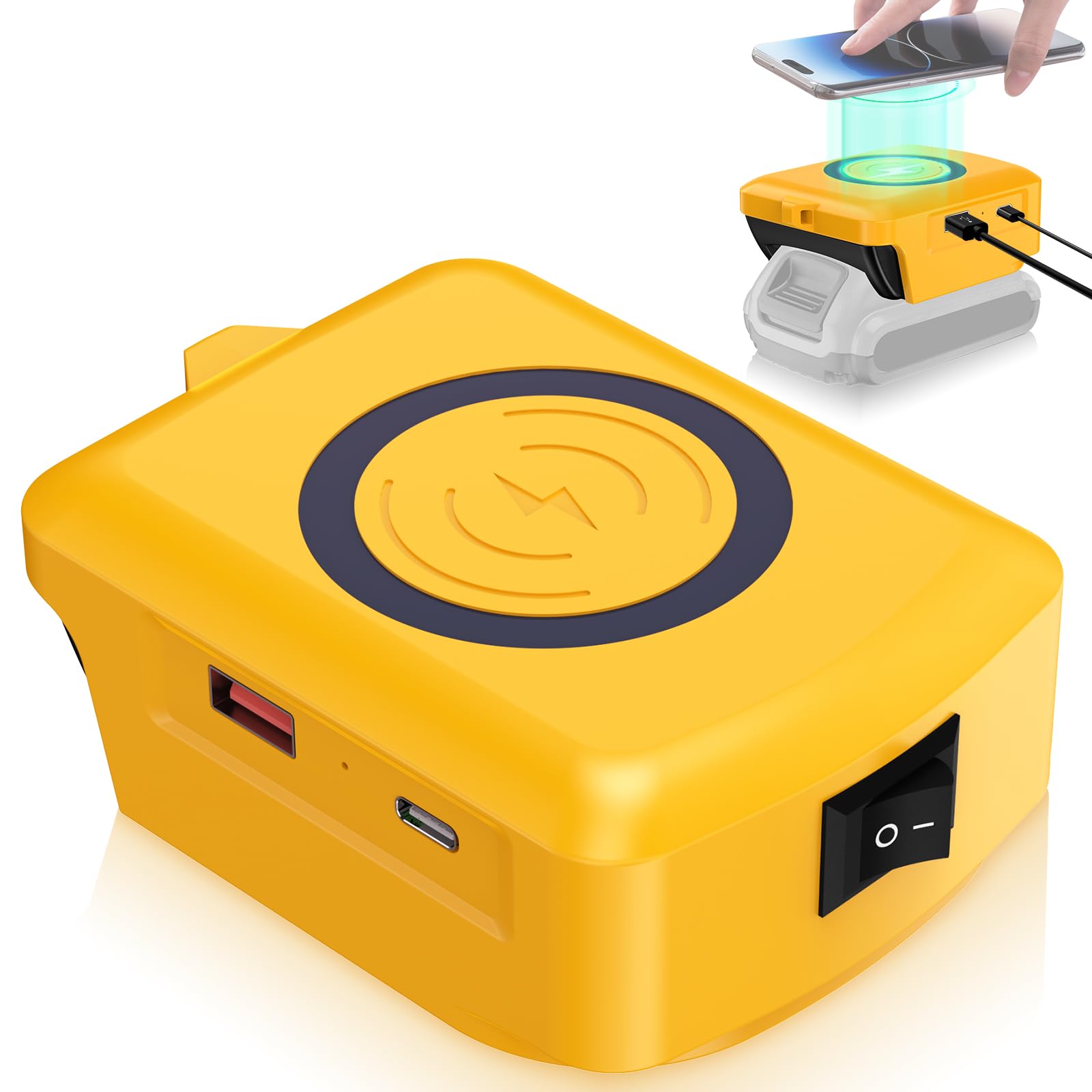 Wireless Portable Charger for DeWalt 20V Li-ion Battery, 15W Fast Phone Charger with USB-B & USB-C Output Charger Charging Smartphones Compatible with iPhone 16/15/14/13/12 Series