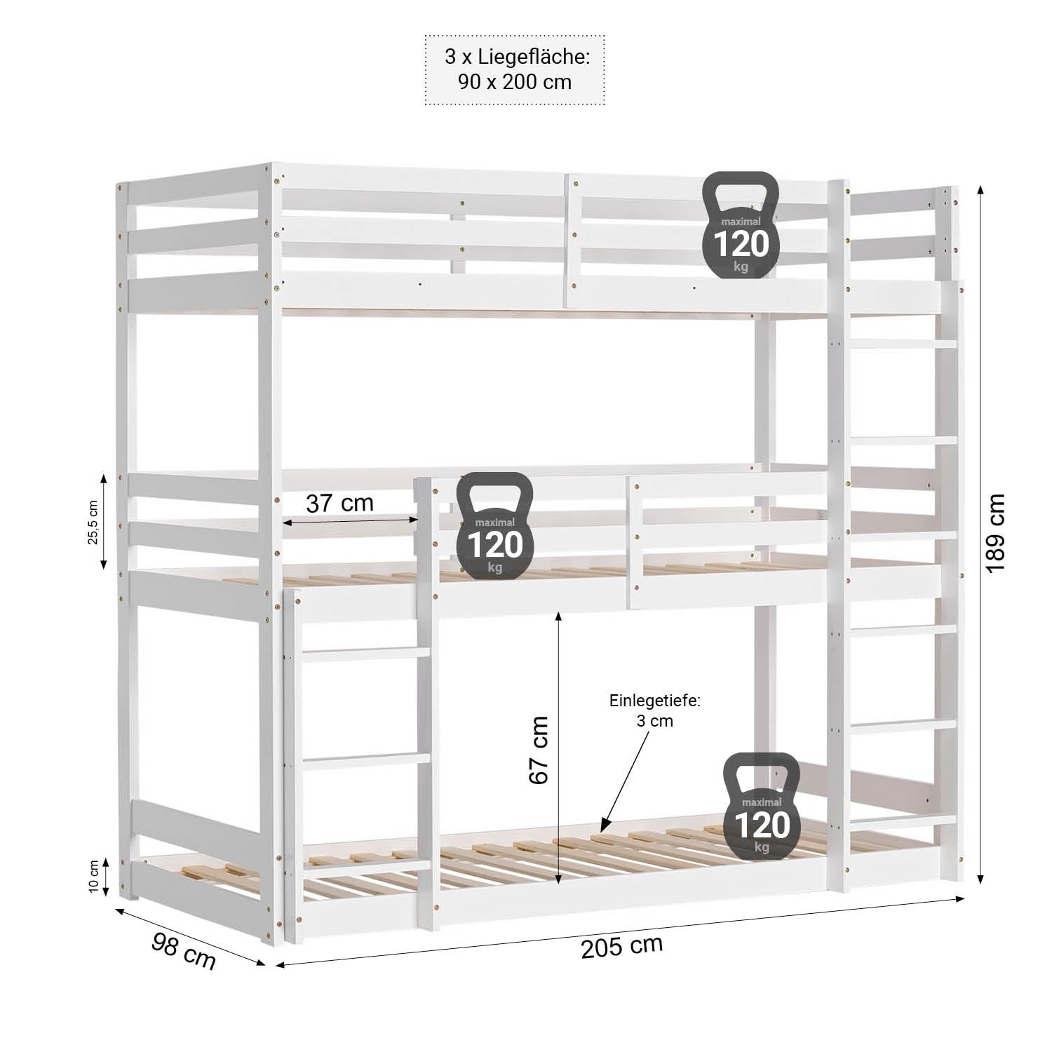 Homestyle4u Dreifach Etagenbett 90x200 cm - Weißes Massivholz Hochbett | Stockbett für 3 Personen aus Kiefer - Inklusive Lattenrost & Leitern - Platzsparendes Kinderbett für 3 Kinder