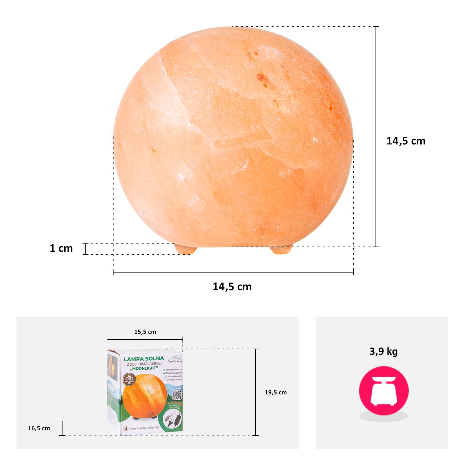 Lámpara de Sal del Himalaya “Moonlight” – Esfera de 14,5 cm, 3,9 kg – Luz Cálida y Relajante – Hecha a Mano con Base de Madera – Incluye Bombilla E14 y Cable con Interruptor – Ideal pa