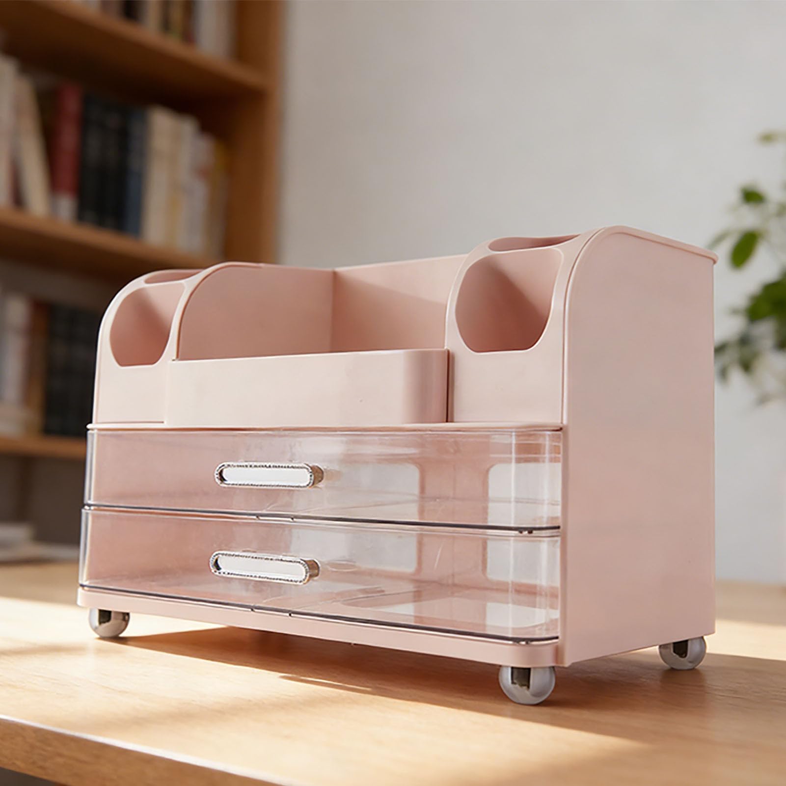 TOPINCN Organizador de Maquillaje, Gran Capacidad con 6 Compartimentos y 2 Cajones Vitrina Cosmética a Prueba de Agua para Pintalabios, Brochas de Maquillaje, Cuidado de la Piel (Rosada)