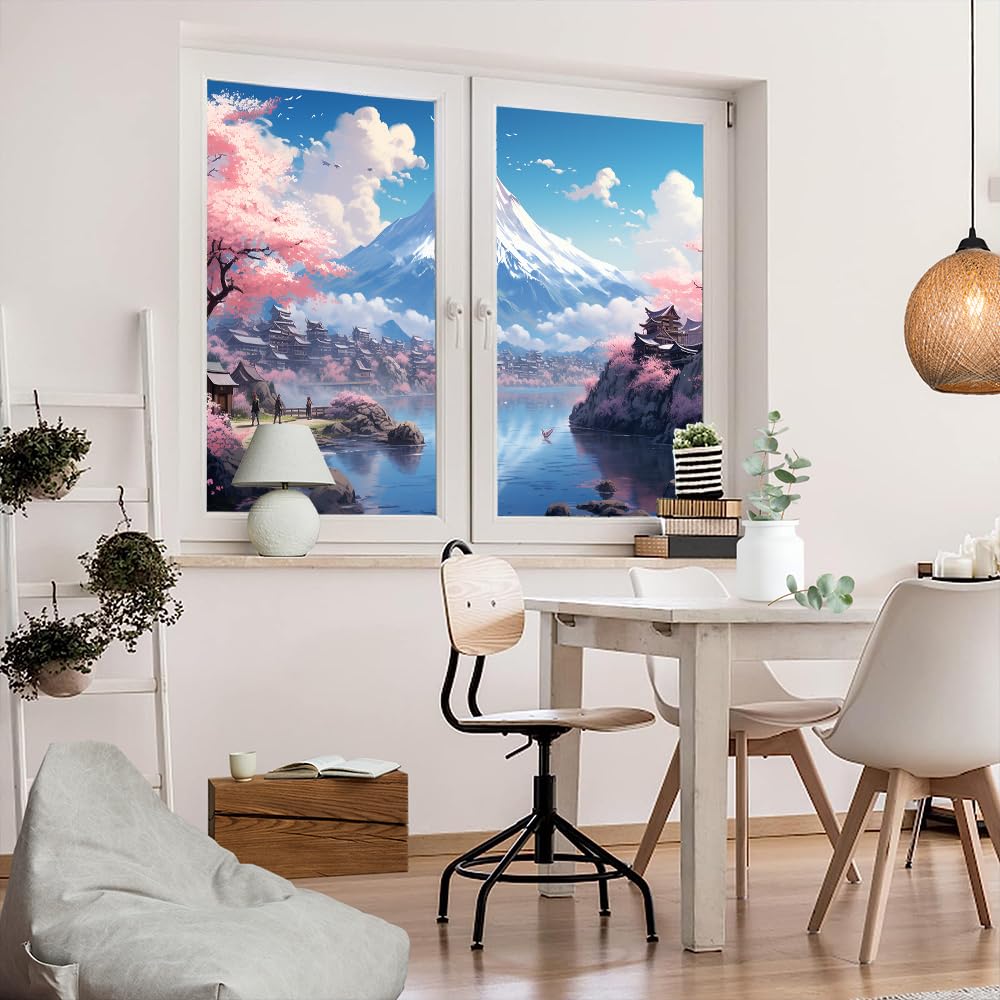 Pellicola per finestre in vetro colorato con paesaggio moderno con alberi di ciliegio, pellicola per la privacy, pellicola per porte in vetro, non adesiva, per camera e cucina, 80 x 120 cm, 2 pezzi