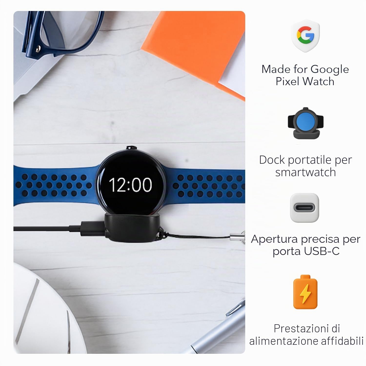 Wasserstein Caricabatterie On-The-Go compatibile con Google Pixel Watch 4 (41 mm e 45 mm) - Dock di ricarica portatile - Realizzato per Google - non compatibile con Pixel Watch, 2 e 3