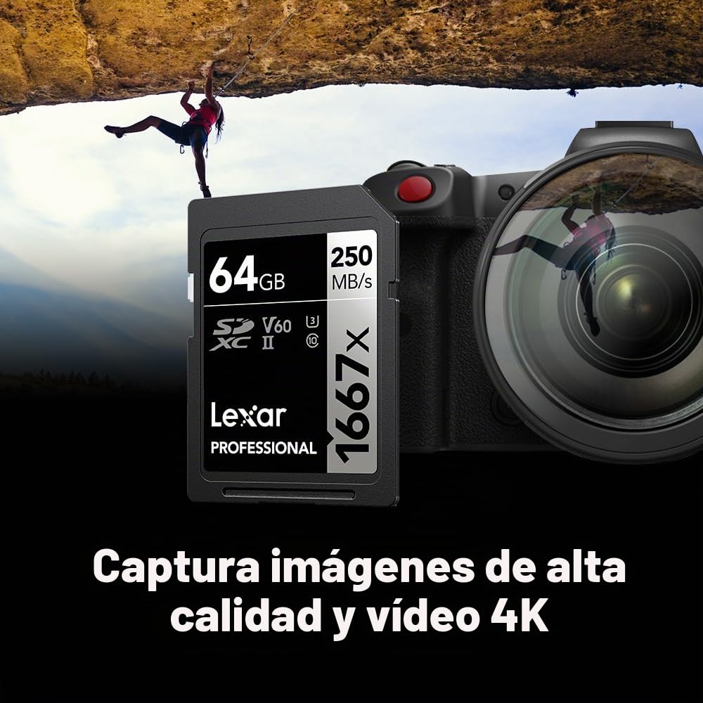 Lexar Tarjetas de memoria SDXC profesionales de 64 GB (paquete de 2) 1667x, UHS-II, C10, U3, V60, video Full-HD y 4K, hasta 250 MB/s de lectura, para fotógrafos profesionales, videógrafos, entusiastas