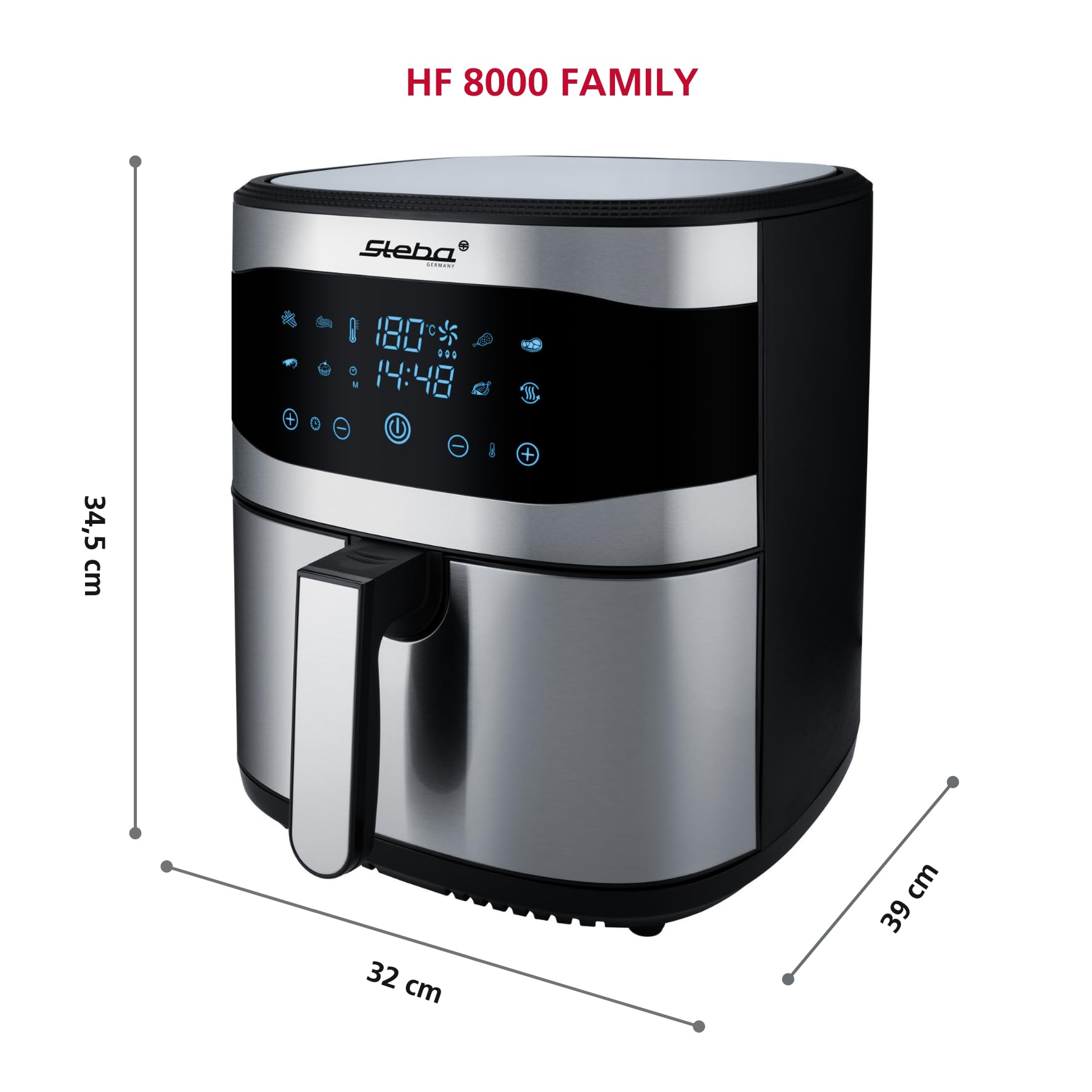 Steba Family HF 8000 Hot Air Fryer, 8 Litres, Touch Screen, 8 Programs, Timer 60 Minutes, 1800 Watt, Oil Fryer