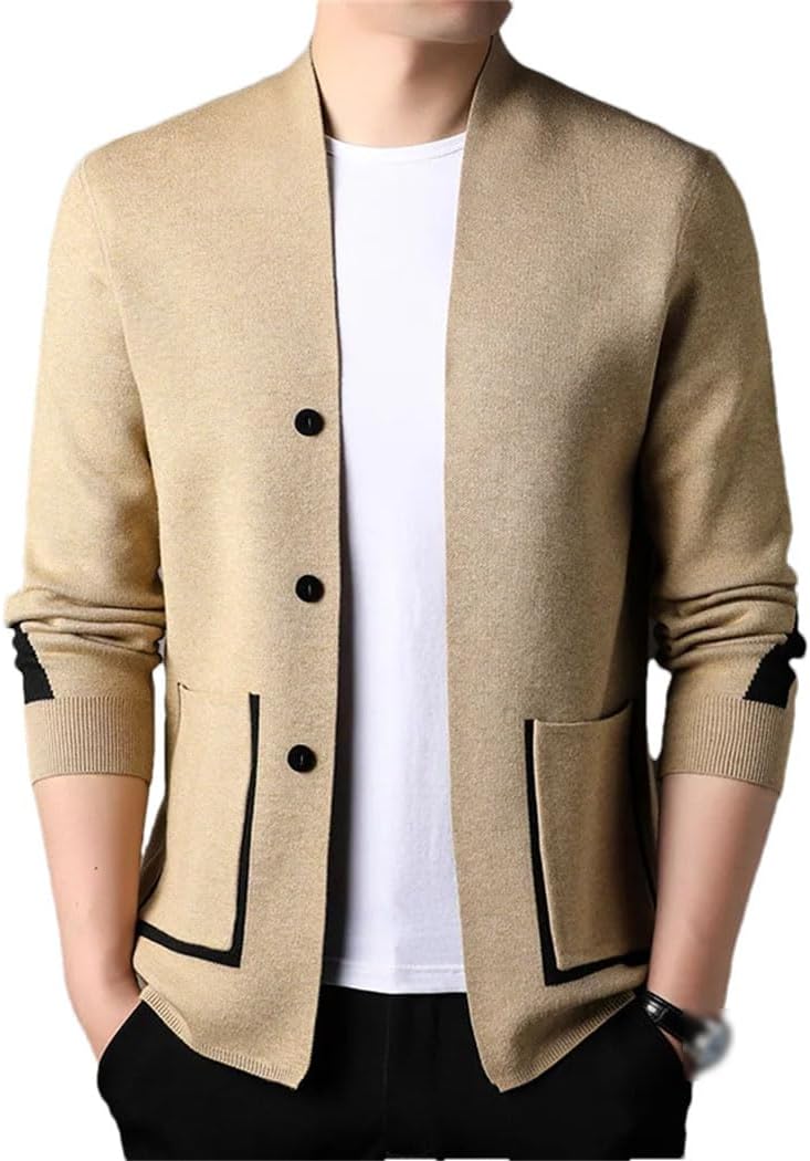 Men's Spring Knit Cardigan Sweater Long Sleeve V-Neck Button Casual Coat with Pockets