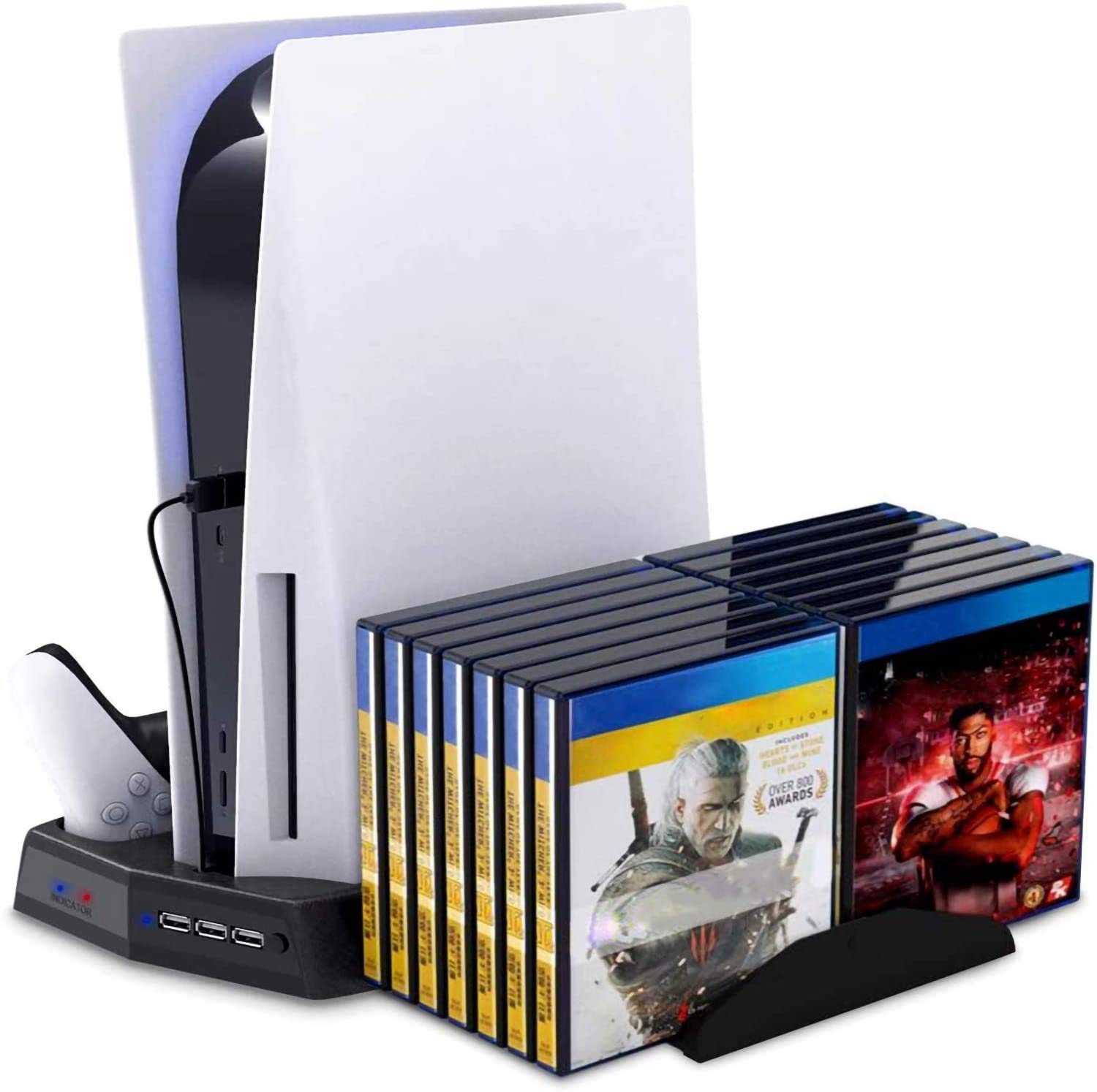 Chłodząca stacja ładująca PS5 Podstawka pionowa do konsoli Playstation 5 ze stacją dokującą wentylatora do wersji cyfrowej / konsoli PS5 Ultra HD z kontrolerem DualSense Port ładowarki wysuwany 14 szt. Przechowywanie dysków do gier