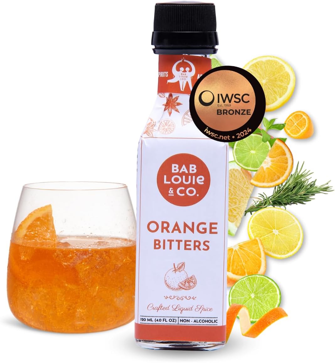 Bab Louie & Co. Orange Bitters for Cocktails, Non Alcoholic Award Winning Bitters (120ml/4 Fl. Oz), Perfect for Old Fashioned Mix, Whiskey Sour Mix, Fresh Citrus Notes, Made with Natural Herbs