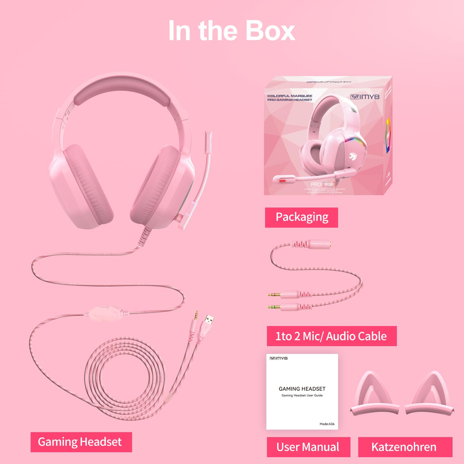 IMYB Gaming Headset mit Katzenohren abnehmbaren, RGB-Licht, Stereo Surround Noise Cancelling, Mikrofon für PC, PS4, PS5, Xbox One X/S, Mac, Laptop (Rosa)