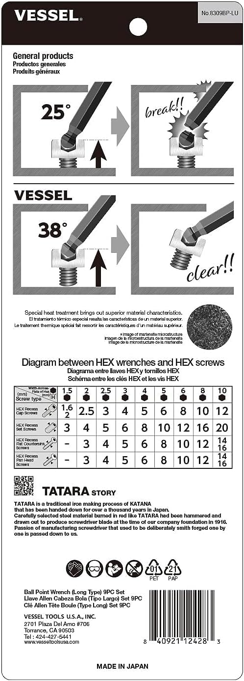 VESSEL Ball Point Hex L-Key Wrench (Long Type) 9PC. Set No.8309BP-LU 8309BPLU