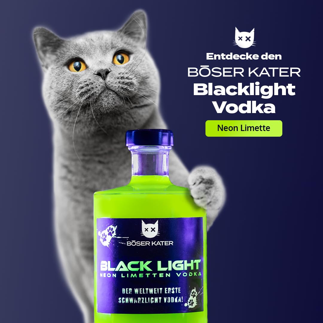 BÖSER KATER Blacklight Vodka 0,5l 40% Vol. Neon Vodka mit Leucht-Effekt Partydrink Limettengeschmack Geschenkbox