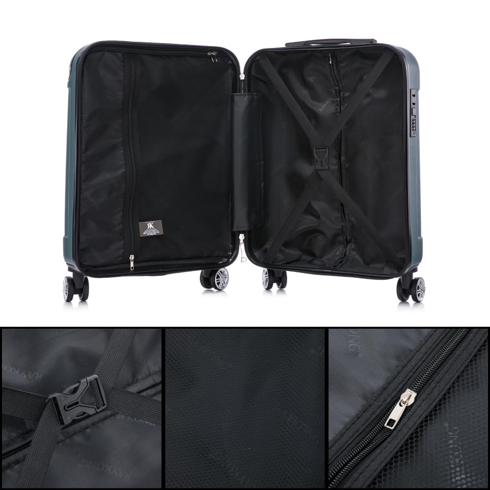 RAYKONG Maleta Cabina ABS 55x40x20cm (44L) - Maxima aprovechamiento de Capacidad - 4 Ruedas Giratorias Dobles con 360ª - Candado Incrustado - Verde