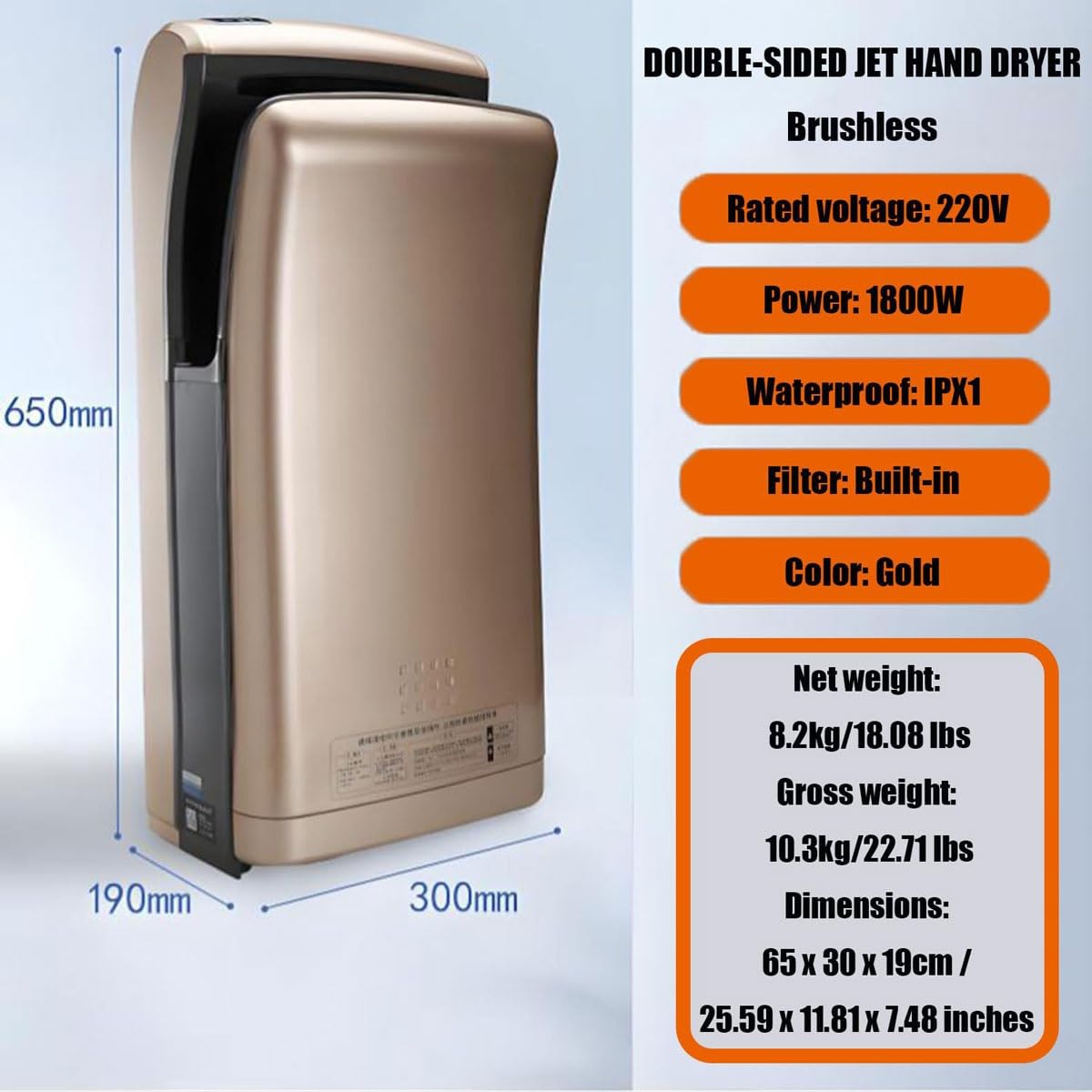 Sèche-mains électrique mural 1800 W automatique à jet double face pour salle de bain, séchage rapide et économe en énergie