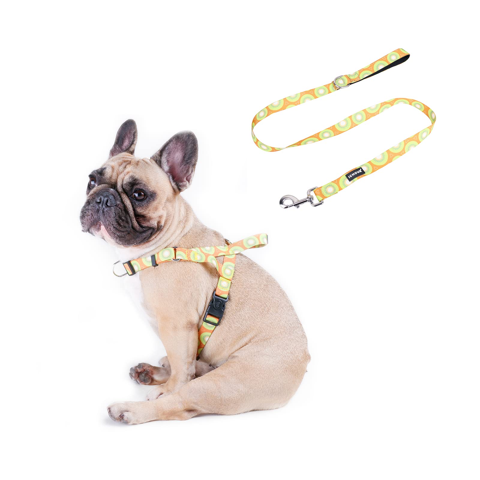 iChoue French Bulldog Harness and Leash Set Adjustable Locked Buckle with Handle for Frenchie Pug English Boston Terrier Dogs, Kiwi Fruit, Large