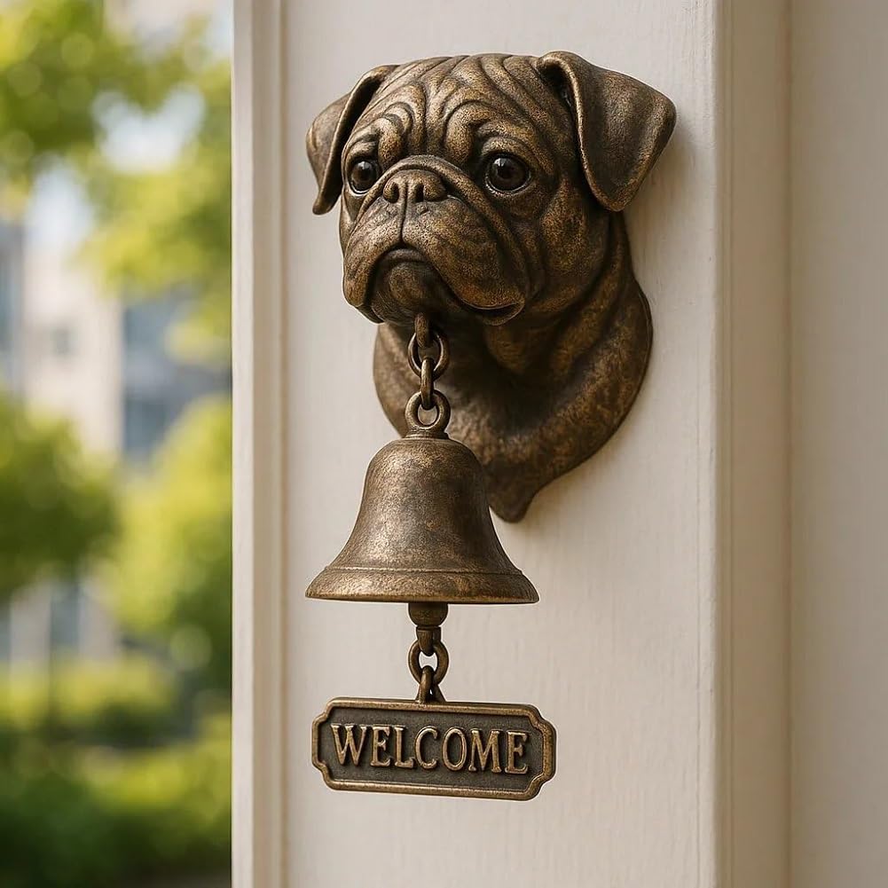 Pug Welcome Doorbell, Cast Iron Dinner Bell, Funny Retro Bulldog Doorbell, Farmhouse Vintage Doorbells Ornament, Pug Head Shape Decoration Hanging Bell Wall Mounted Ornamental-02
