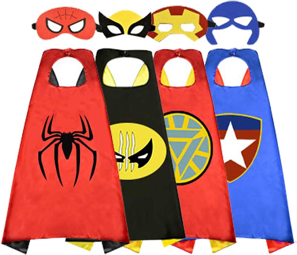 Belvita Superhero Cape for Kids, Double-Sided Satin Capes and Mask for Dress Up Costumes (4 pack)