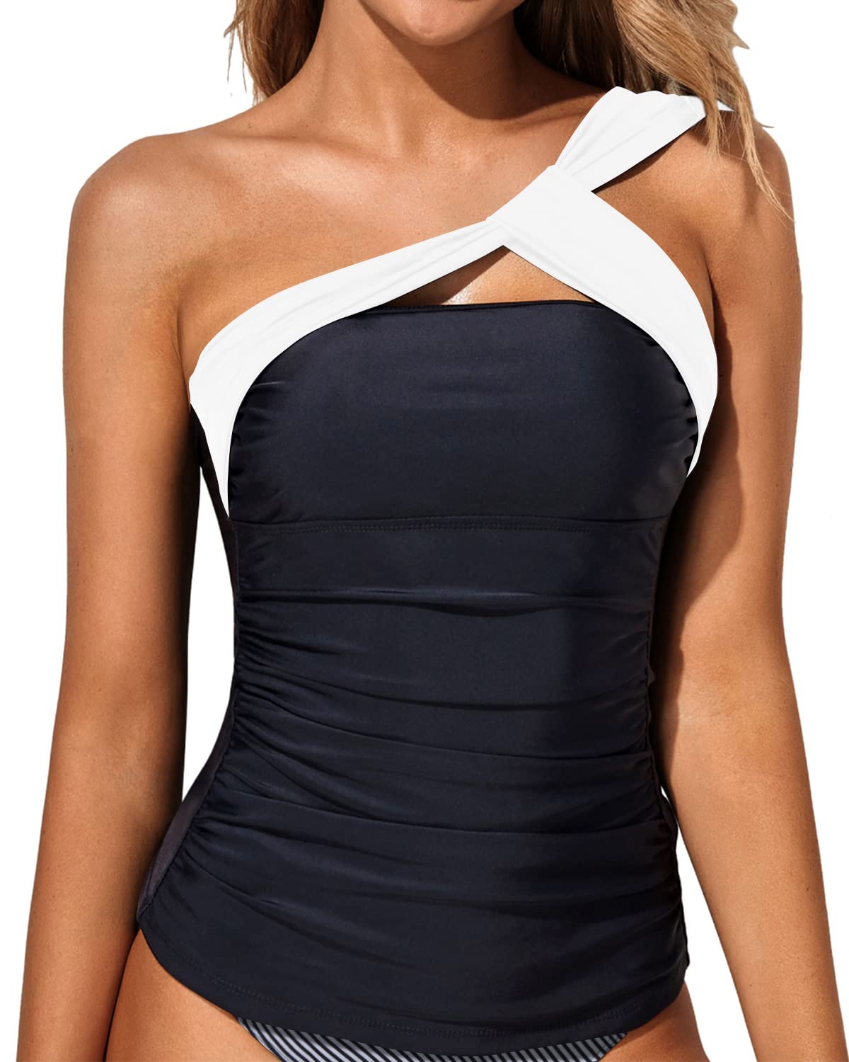 Tempt Me Women Black White Tankini Top Swim Tops Ruched One Shoulder Bathing Suit Swimsuit Tops Only L