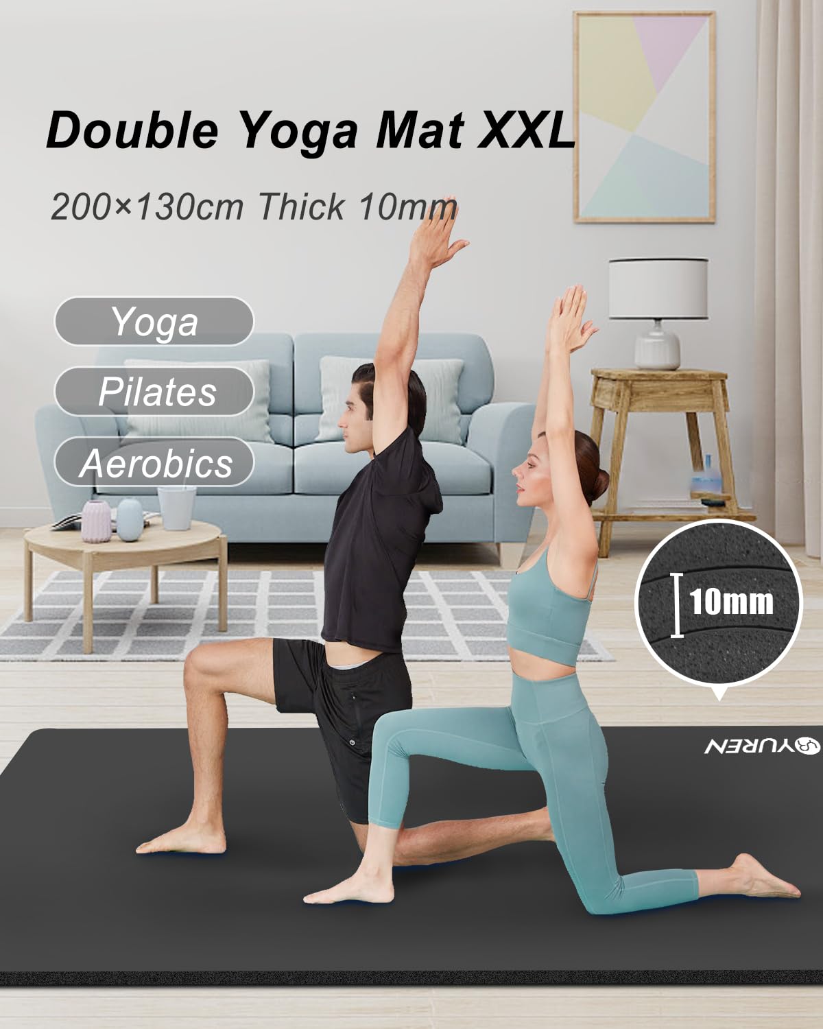 RYTMAT Tappetino Palestra Grande 200x130cm Spesso 15mm/10mm NBR Tappetino Yoga Mat Antiscivolo Tappetino Fitness Pilates Ginnastica Esercizi Addominali