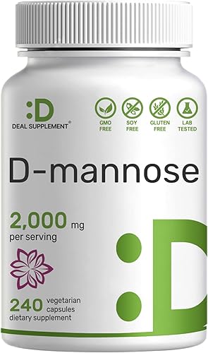 DEAL SUPPLEMENT D Mannose Veggie Capsules, 2,000 mg por porción, 240 píldoras Forma soluble en agua de acción rápida Apoyo a la salud del tracto