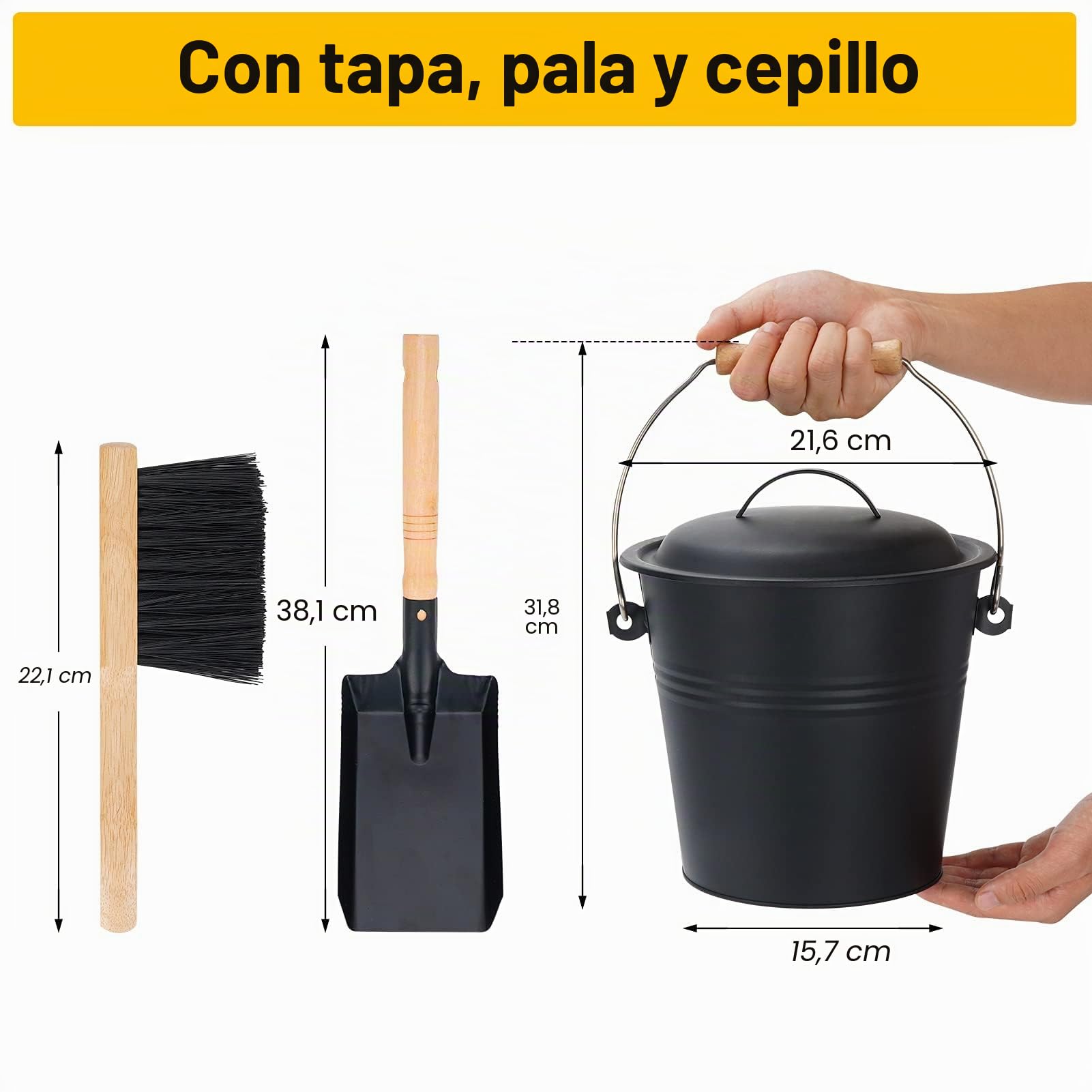 Cubo de cenizas de metal de 1.5 galones con tapa, pala, escoba, para chimeneas, estufas de leña