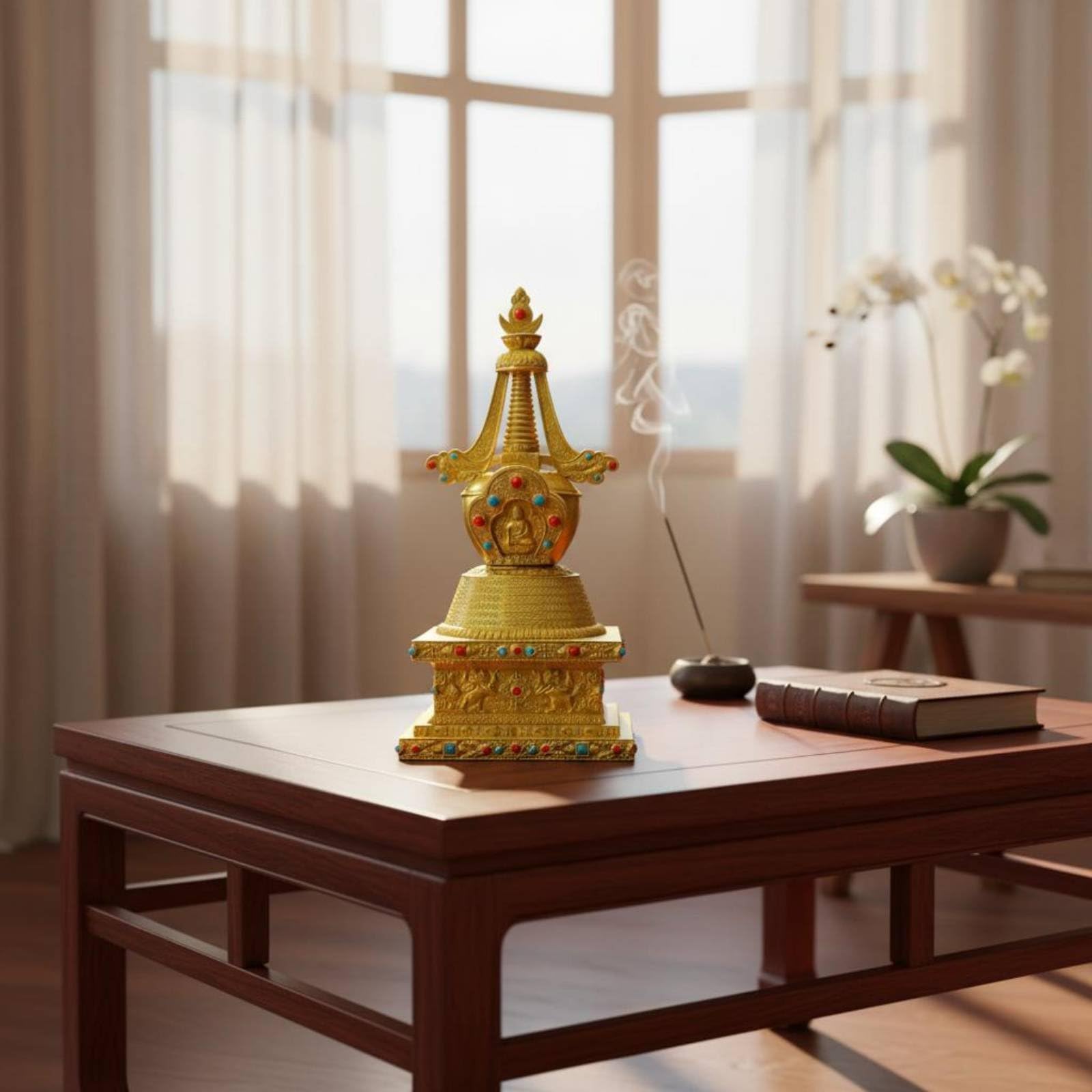 Gralara Pagoda Budista Stupa Torre Estatua Escultura en Latón Hecha a Mano con Grabados E Incrustaciones Símbolo con Buda Sentado Adecuada para Altar, 15cm 15cm 31cm, Torre Shenbian