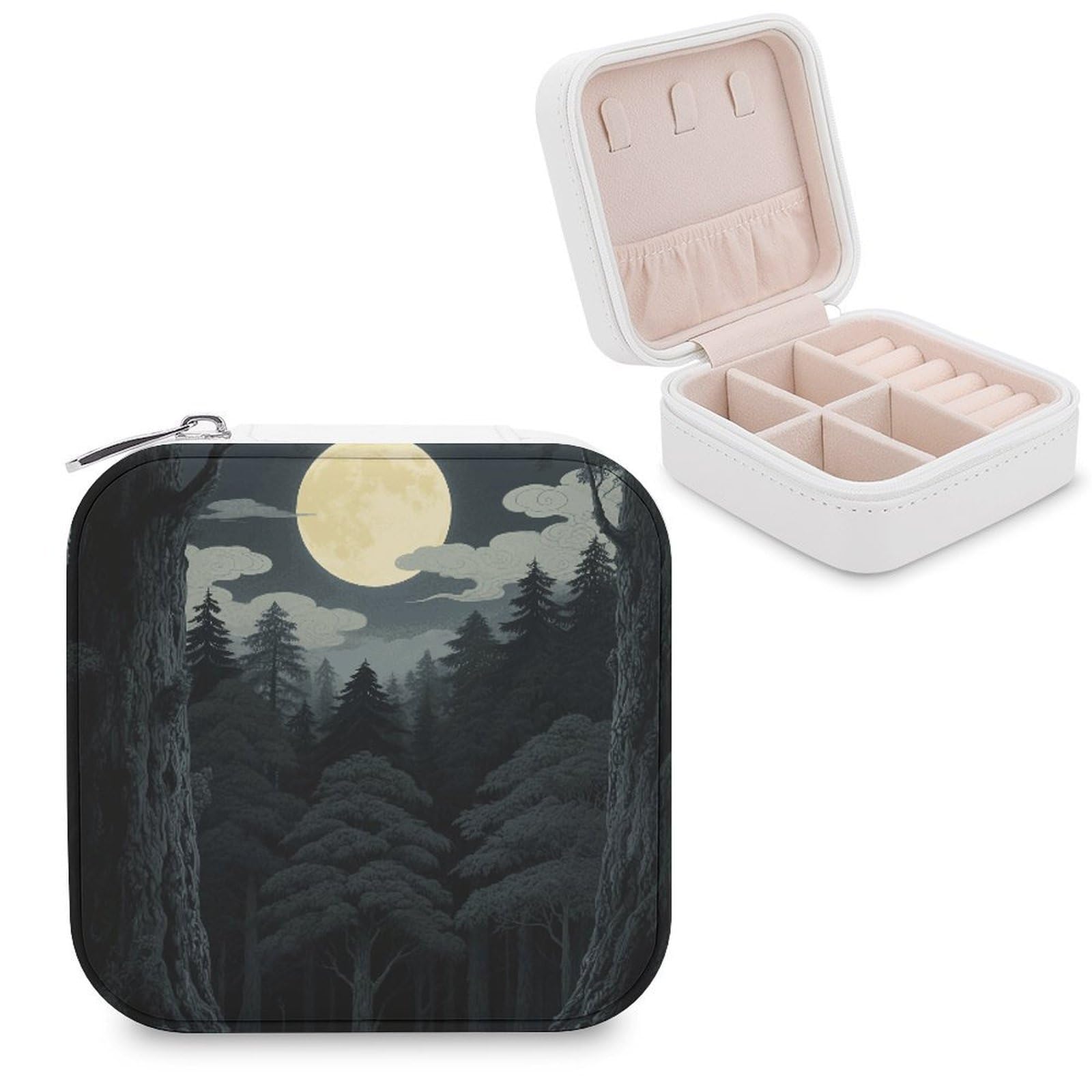 FekiLoot Forest Japanese Moon Jewelry Box Custom Jewelry Travel Case Pu Leather Trinket Organizer Box to Organize Ring Pendant Earring Small Portable Jewelry Storage Holder for Women