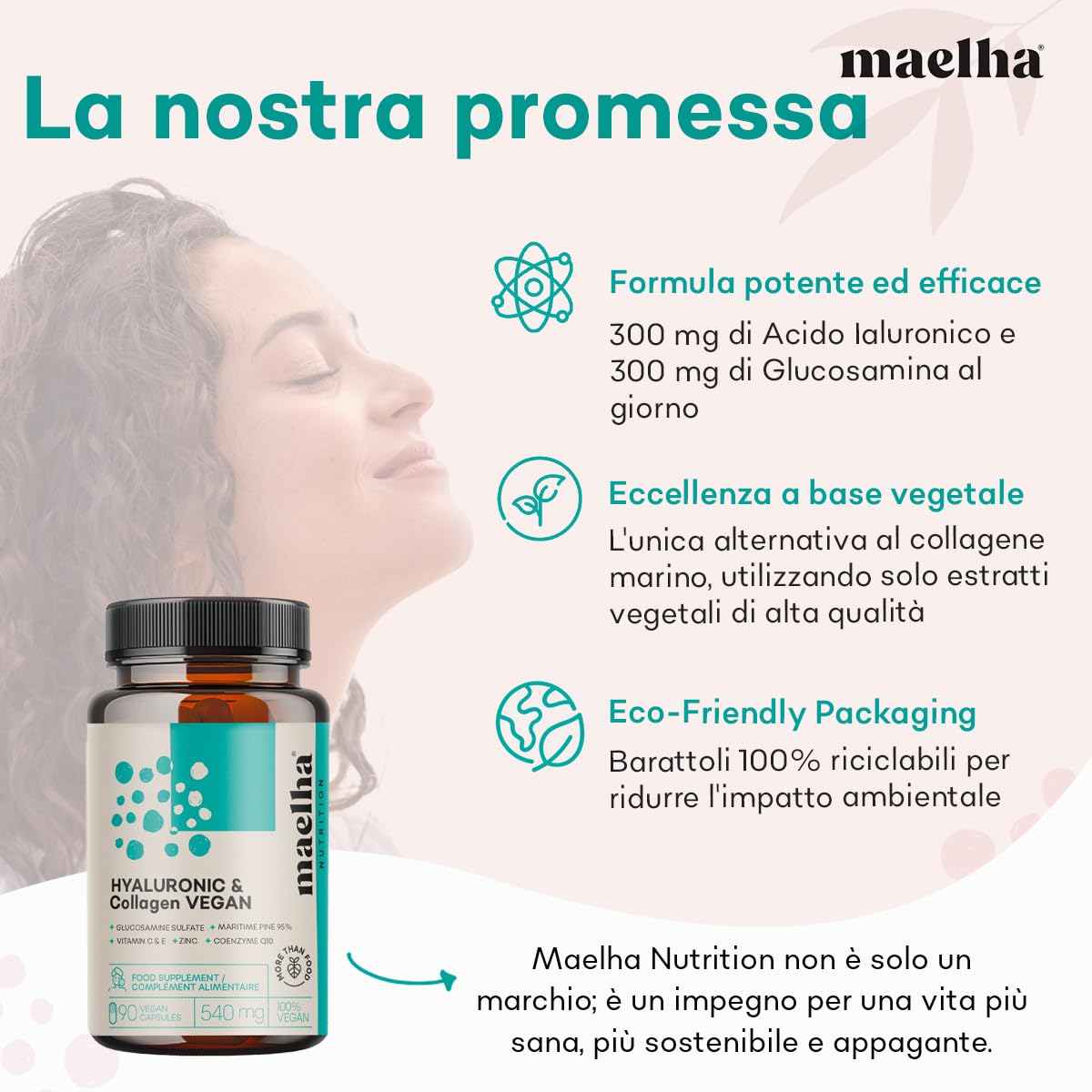 Acido Ialuronico e Collagene VEGANO | Integratore collagene vegano con acido ialuronico | Formula Concentrata con Vitamina C & E, Zinco, Coenzima Q10 e Pino Marittimo | 90 Capsule | 100% Naturale