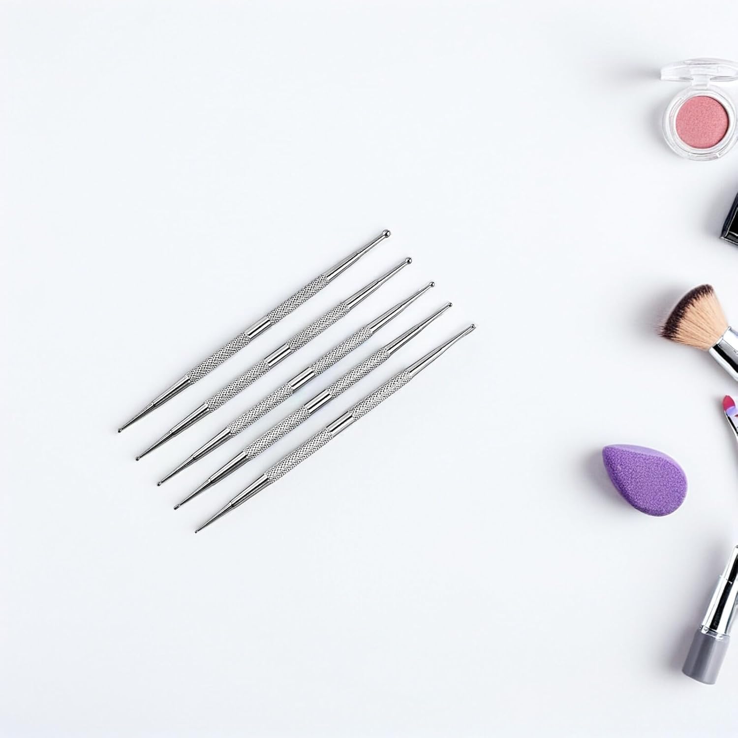 Wakauto 5PCS Stainless Steel Nail Dotting Pen Set Dual-headed Precision Ballpoint Tips for DIY Manicure Rhinestone Application Floral Nail Art Designs for Beginners and Professionals