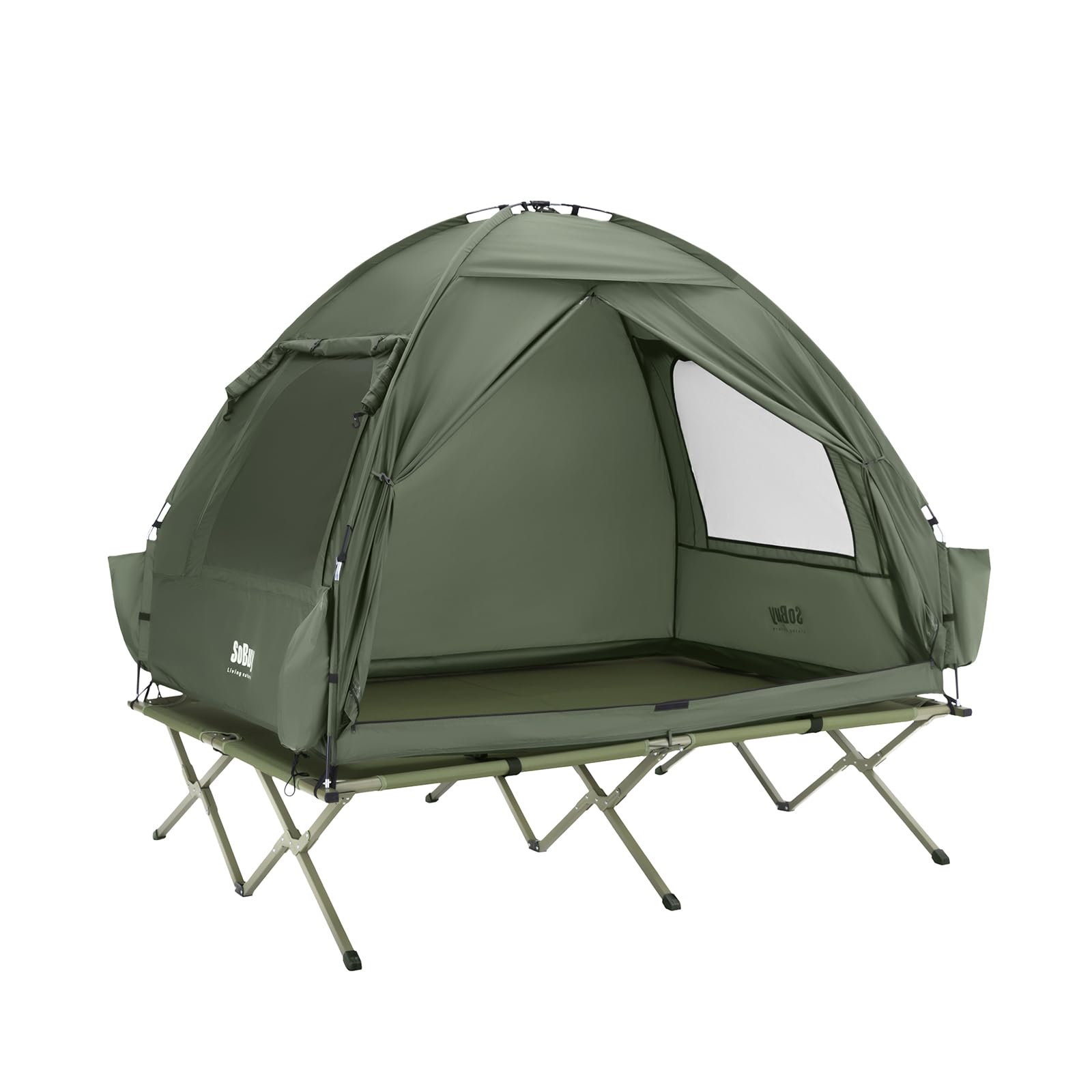 SoBuy Feldbett mit Zelt 4in1 Zelt auf Stelzen mit Rolltasche Wasserdichtes Campingbett Outdoor Campingliege Familienzelt ohne Matratze Angelzelt
