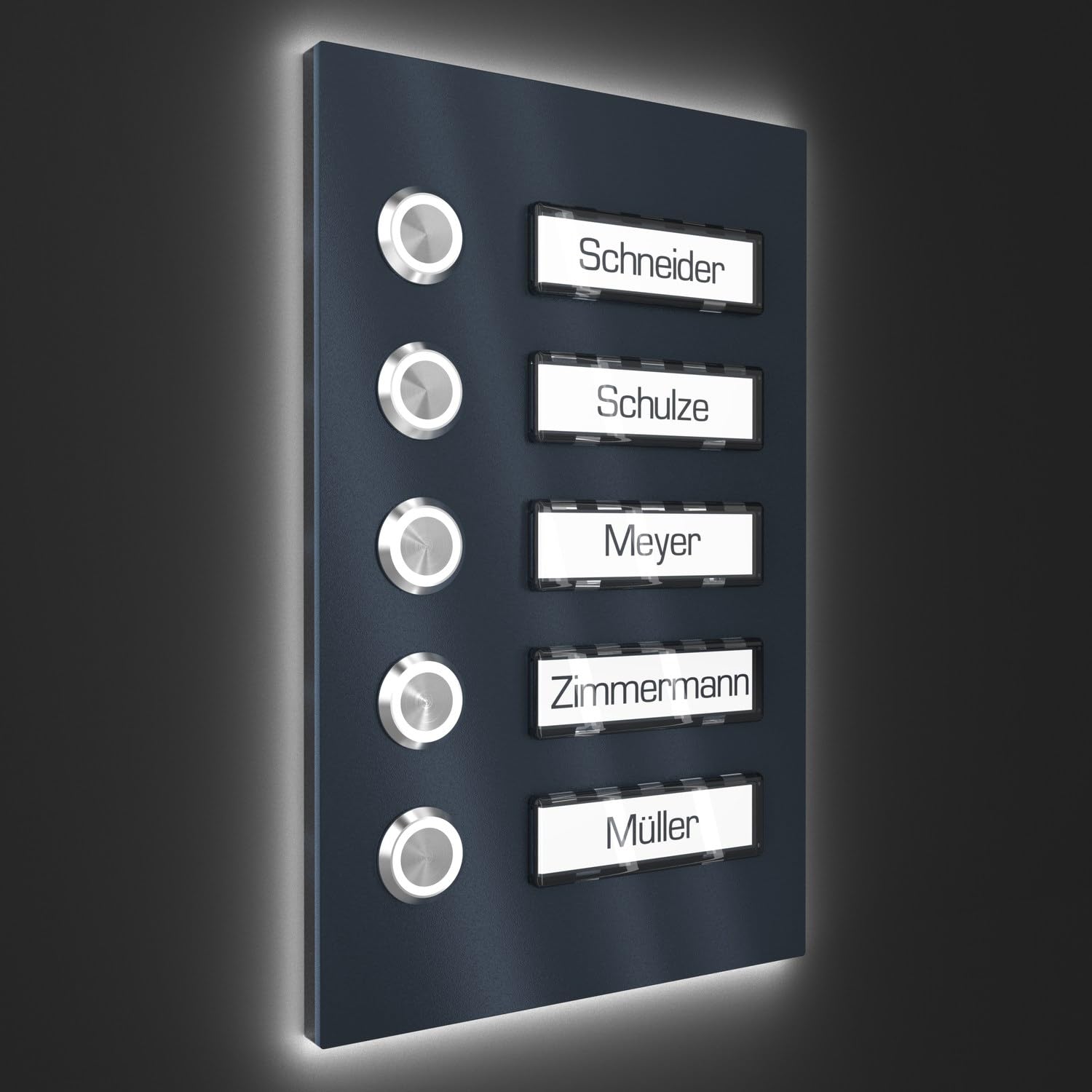Timbre multifamiliar de superficie con pulsador LED 5 placas de nombre - V2A de acero inoxidable 140x220 mm Pintura en polvo RAL 7016 - Iluminación de nombre seleccionable