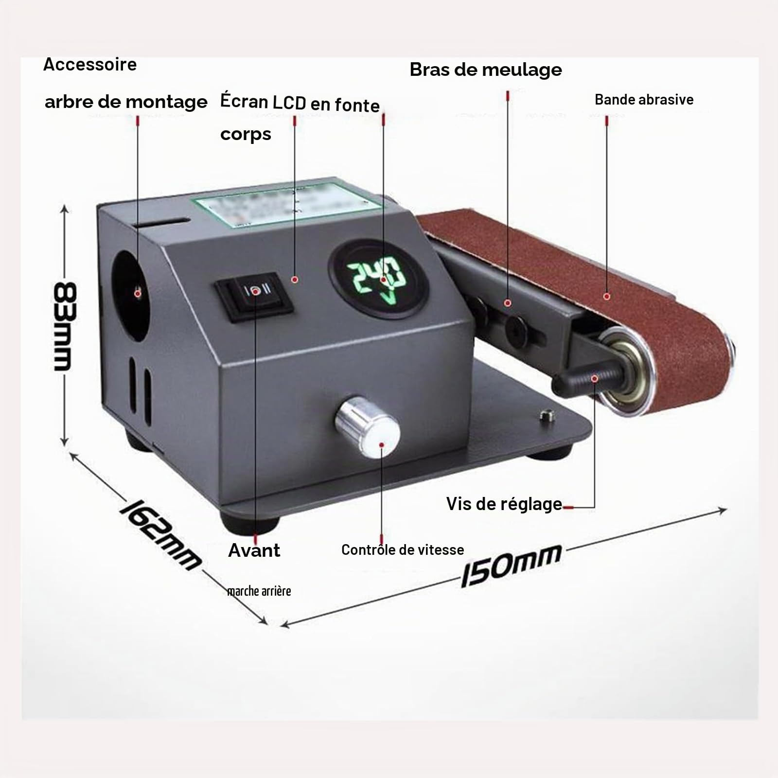 Ponceuse à bande humide, mini affûteuse de couteaux électrique 350 W avec vitesse réglable, 10 bandes abrasives, meuleuse d'établi pour couteau, système d'affûtage humide et sec, machine de polissage