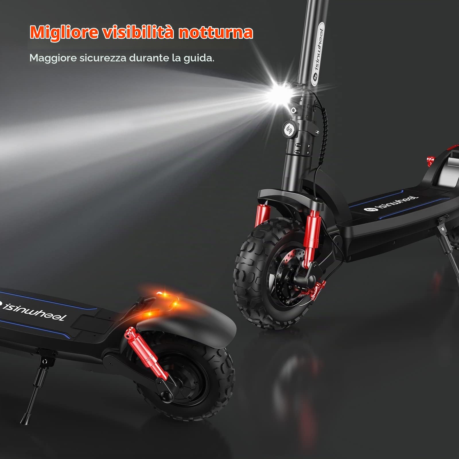 isinwheel GT2 Monopattino Elettrico Adulto Fuoristrada, Autonomia 60 km, Batteria 48V 15Ah, Ruote 11", Doppio Freno, Sospensioni Anteriori e Posteriori, Pieghevole, LED e Frecce, Carico 150 kg