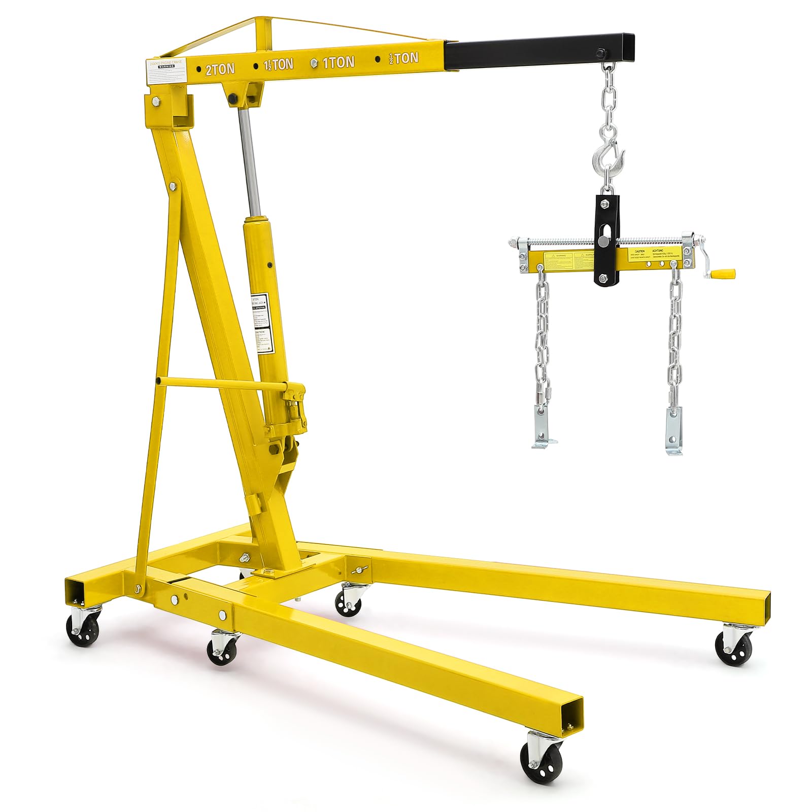 2 Ton Folding Hydraulic Engine Hoist with Load Leveler 44 LBS Capacity Heavy Duty Cherry Picker 6 Swivel Wheels&amp;Hydraulic Pump Adjustable Boom (0.5T-2T) for Garage Workshop Warehouse Yellow
