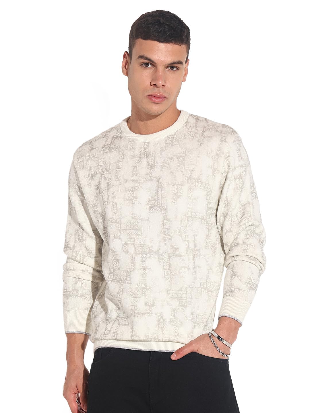 Edition Men's Abstract Cream Ribbed Round Neck Sweater-LBR-2507_Cream-image-35