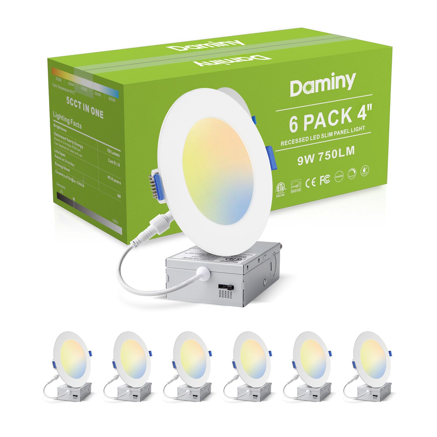 DAMINY 6 Pack 4 Inch LED Recessed Lighting with Junction Box,5CCT,Ultra-Thin Recessed Light,9W 750lm, Dimmable Canless Wafer Ceiling Light,High Brightness - ETL