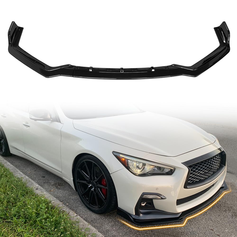 Front Bumper Lip Spoiler Compatible with 2018-2024 Infiniti Q50 Sport Models, PP Gloss Black 3PC Style Add-on Front Splitter Air Dam Chin Protector, 3 Pieces