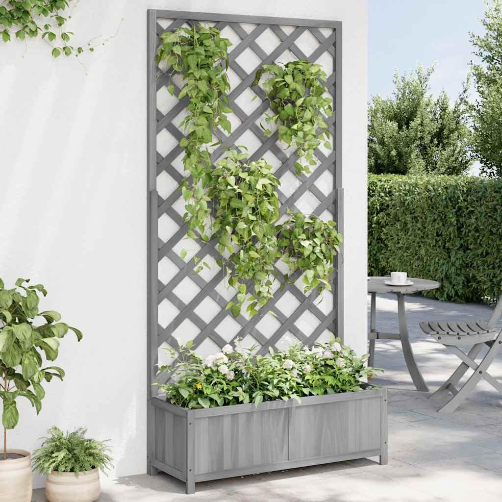 Donica z trejażem szara lite drewno jodłowe 180x90x35 cm Skrzynia ogrodowa na patio taras z kratownicą dla roślin pnących