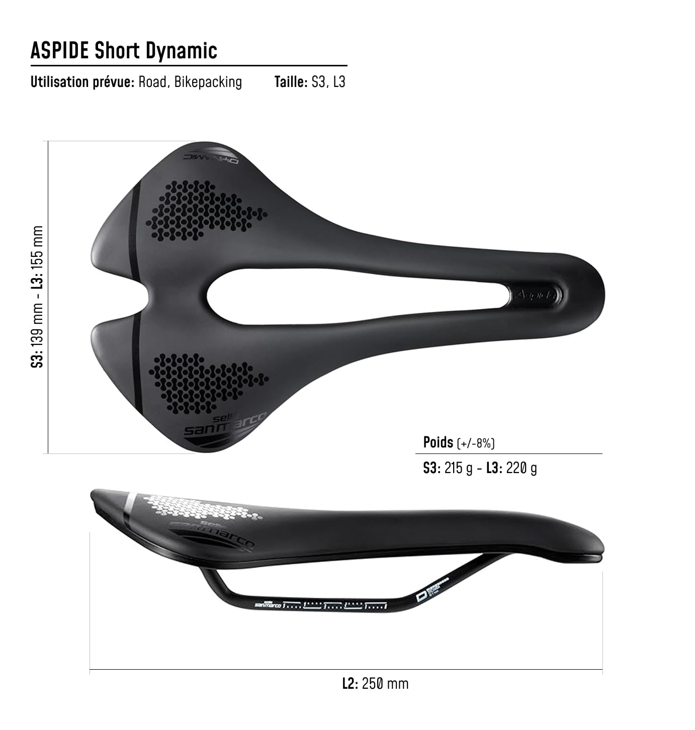 Selle San Marco ASPIDE Short Dynamic - Selle Vélo Route Légère, Trou Anatomique, Cadre Manganèse Résistant - Taille S3, Noir